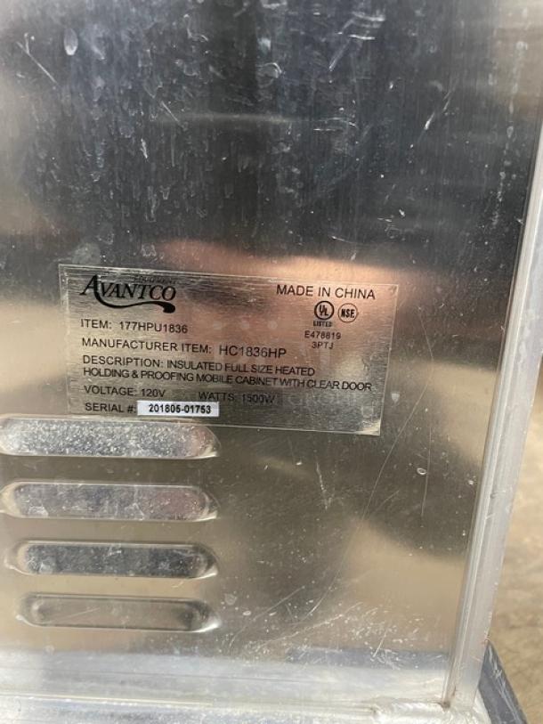 Avantco Commercial Stainless Steel Electric Powered Full Size Insulated Heated Holding/Proofing Cabinet! With Clear Door! With Built In Pan Slides! Model: 177HPU1836 SN: 201805-01753! 120V! On Casters! - Image 9 of 10