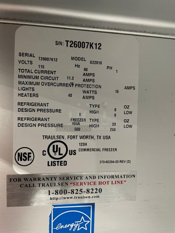 Traulsen G-Series Commercial Stainless Steel Solid 2 Door Reach In Freezer! Energy Star Certified! With Poly Coated Wire Racks! Model: G22010 SN: T26007K12! 115V 1 Phase! On Casters! - Image 6 of 10