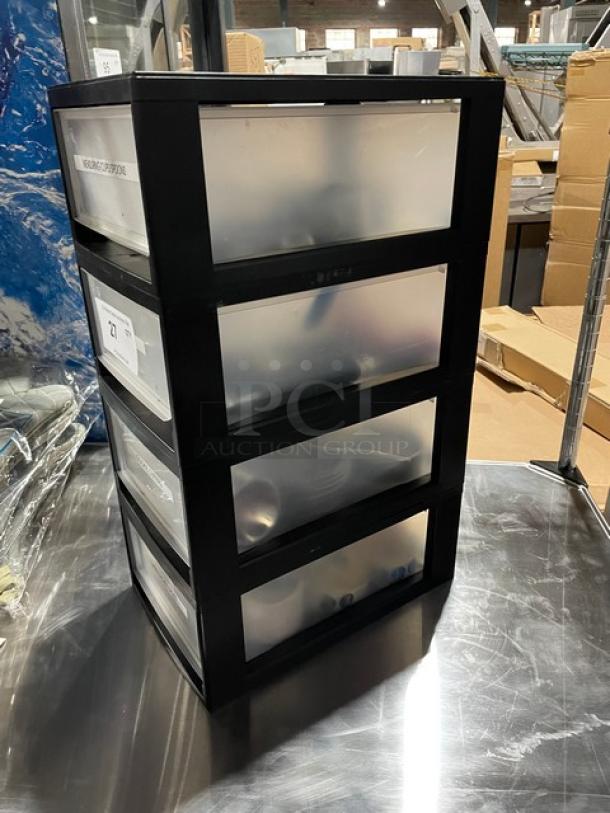 Iris Commercial Black 4 Drawer Countertop Organizer! With Clear Drawers & Lot Of Miscellaneous Kitchenware! ALL ONE MONEY! - Image 2 of 9