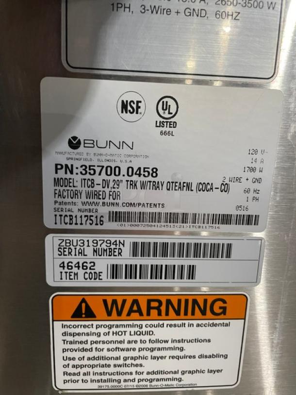 Bunn Infusion Series Commercial Stainless Steel Electric Powered Countertop Automatic Hot/Iced Tea & Coffee Brewer! With Hot Water Dispenser! With Digital Brewer Controls! Model: ITCB-DV SN: ITCB117516! 120V 1 Phase! - Image 7 of 9