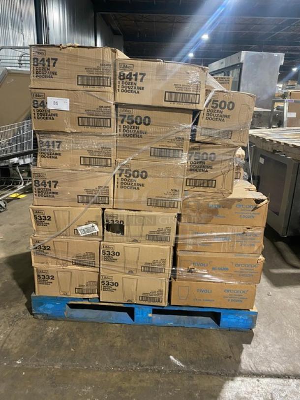 BRAND NEW! Mixed Pallet! Libbey Sportsware Collection Commercial Clear 16 Oz. Baseball Style Mixing Glasses! Model: 5332! With Libbey Sportsware Collection Commercial Clear 16 Oz. Golf Style Mixing Glasses! Model: 5330! With Libbey Grande Collection 17 Oz. Fiesta Margarita Glasses! Model: 8417! With Libbey Vina Collection Commercial Clear 8 Oz. Flute Glasses! Model: 7500! With Libbey Commercial Clear Heat-Treated 9 Oz. Hourglass Style Pilsner Glasses! Model: 1176! With Libbey DuraTuff Collection Commercial Clear 20 Oz. Stacking Mixing Glasses! Model: 15791! With Libbey Commercial Clear Heat Treated 14 Oz. Lemonade Glasses! Model: 603! & More! ALL NEW IN THE BOX! 40X Your Bid! - Image 1 of 11