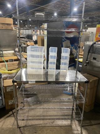 NEW! Metro Commercial Stainless Steel Worktop Table! With Double Overhead & Under Shelves! With Quantum Storage Systems Commercial Clear Heavy Duty Multi-Size Organizing Bins! On Legs!