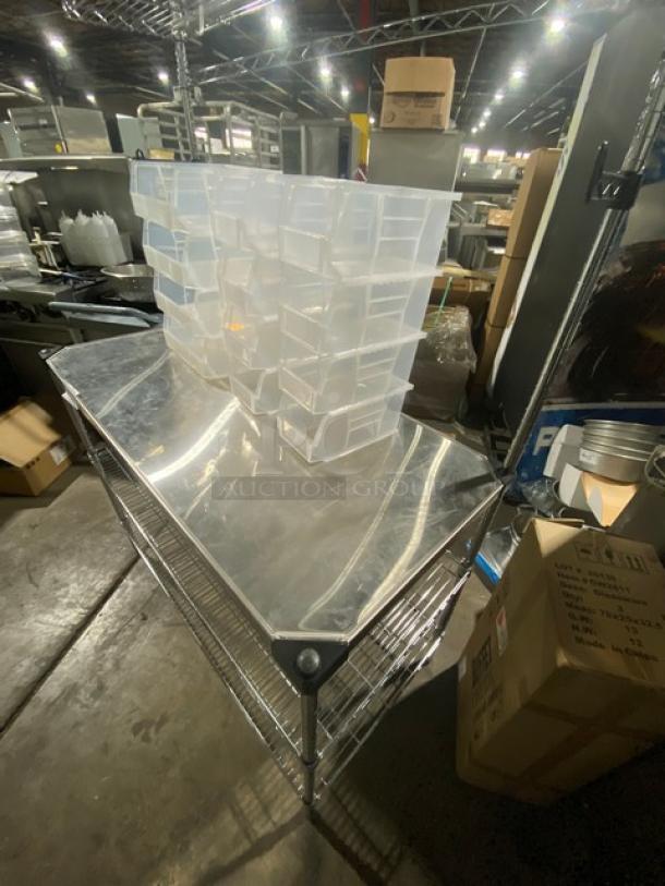 NEW! Metro Commercial Stainless Steel Worktop Table! With Double Overhead & Under Shelves! With Quantum Storage Systems Commercial Clear Heavy Duty Multi-Size Organizing Bins! On Legs! - Image 3 of 8