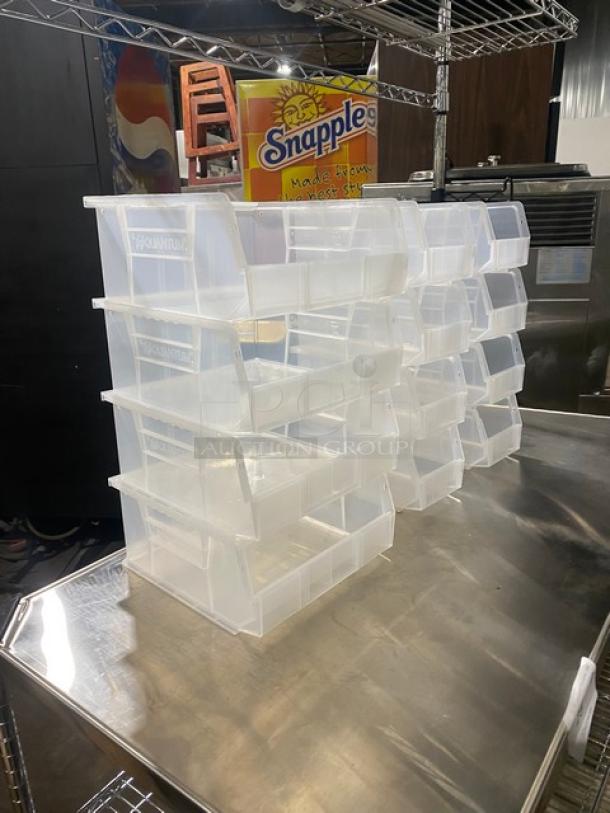 NEW! Metro Commercial Stainless Steel Worktop Table! With Double Overhead & Under Shelves! With Quantum Storage Systems Commercial Clear Heavy Duty Multi-Size Organizing Bins! On Legs! - Image 4 of 8