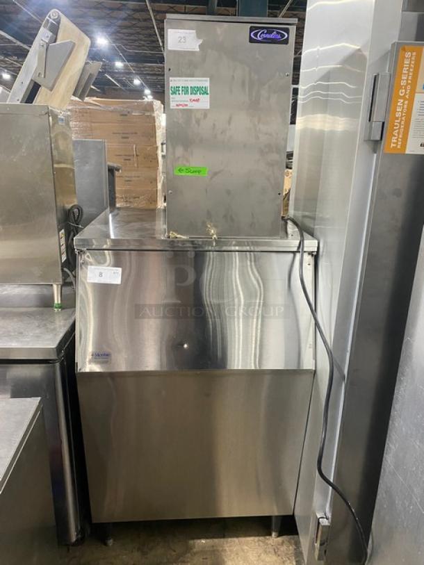 Cornelius Commercial Stainless Steel Electric Powered Air-Cooled Flake-Style Continuous Flow Ice Maker Machine Head! Model: WCF710-A SN: 638090250! 115V! With Cornelius 30-Series Commercial Stainless Steel Ice Storage Bin! With Lift Open Style Lid! Model: B530SS SN: 63E0241BB044! On Legs! ALL ONE MONEY! - Image 1 of 11