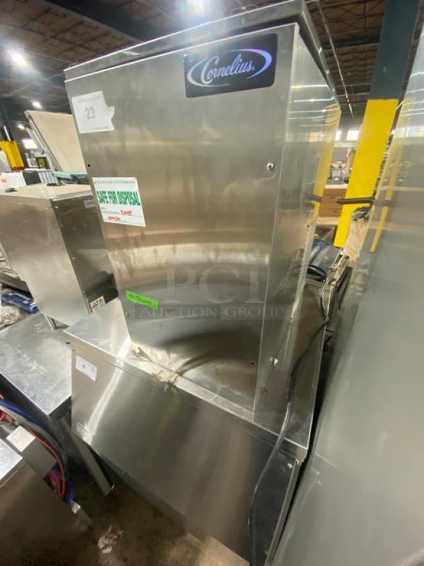 Cornelius Commercial Stainless Steel Electric Powered Air-Cooled Flake-Style Continuous Flow Ice Maker Machine Head! Model: WCF710-A SN: 638090250! 115V! With Cornelius 30-Series Commercial Stainless Steel Ice Storage Bin! With Lift Open Style Lid! Model: B530SS SN: 63E0241BB044! On Legs! ALL ONE MONEY! - Image 3 of 11