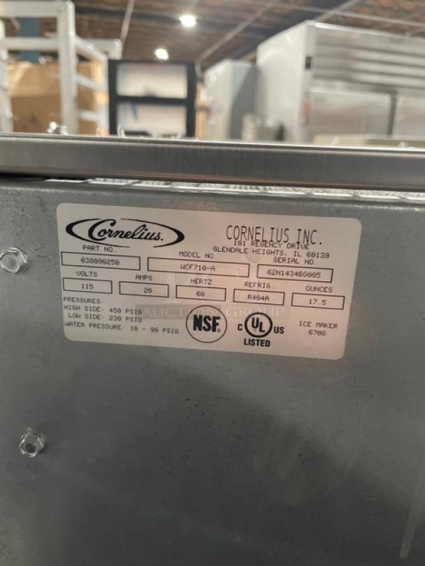 Cornelius Commercial Stainless Steel Electric Powered Air-Cooled Flake-Style Continuous Flow Ice Maker Machine Head! Model: WCF710-A SN: 638090250! 115V! With Cornelius 30-Series Commercial Stainless Steel Ice Storage Bin! With Lift Open Style Lid! Model: B530SS SN: 63E0241BB044! On Legs! ALL ONE MONEY! - Image 8 of 11