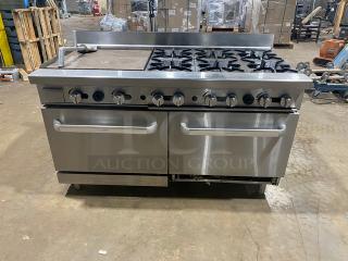 CookRite Commercial Stainless Steel Natural Gas Powered Split Top Flat Griddle & 6 Burner Range/Double Oven Combo! With Back Splash! With Wire Oven Racks! On Legs!