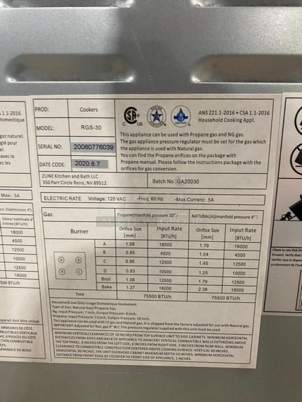 ZLine! 2020! Late Model! Professional Series Commercial Stainless Steel Natural Gas Powered 4 Burner Range/Oven Combo! With Wire Oven Racks! Model: RGS-30 SN: 20080776039! 120V! On Legs! - Image 12 of 12