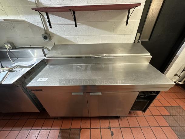 One Stanley Knight 2 Door SS Refrigerated Pizza/Sandwich Prep Table with Top Cold Rail, 2 Racks, On Commercial Casters. Model# PRR40VPS. 115 Volt.  TESTED AND WORKING!!!!! - Image 2 of 5