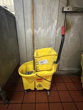 Rubbermaid® FG758088YEL WaveBrake® 35 Qt. Yellow Mop Bucket with Side Press Wringer 
Wood Mop handle & mop head
