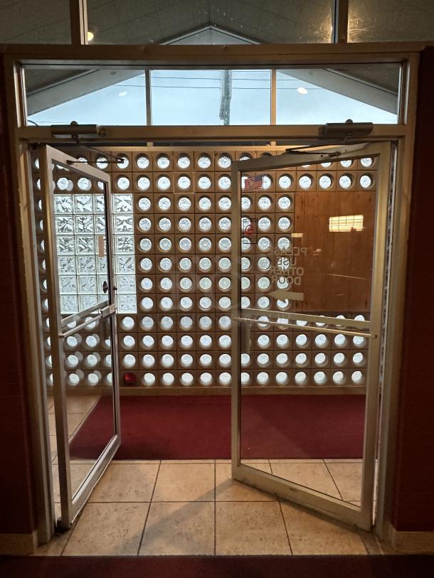 Complete Entry/Exit Metal Frame Door System. Includes Framework, 2 Glass Doors,  Auto Closures and top Glass Window Panels. BUYER MUST REMOVE. Door Size: 40"x84" Winning Bidder takes everything! Double Door with Glass Across Top, Locking Swing Out - Image 4 of 4