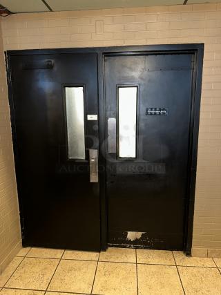 Steel Easy Swing Doors w/ View Through Window. 35"x1-1/2"x83-1/2" Door size, Complete Frame Size 73"x6"x86" 2 Times Your Bid!