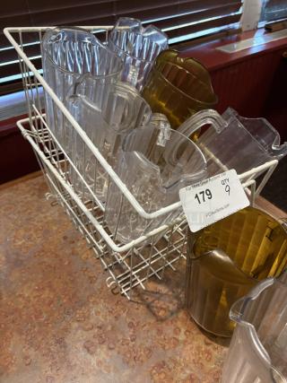 Lot of 9 Plastic Water Pitchers with 2 white wire baskets