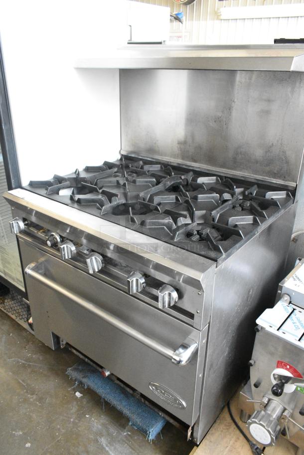 DCS Stainless Steel Commercial Natural Gas Powered 6 Burner Range w/ Oven, Over Shelf and Back Splash. - Image 2 of 7