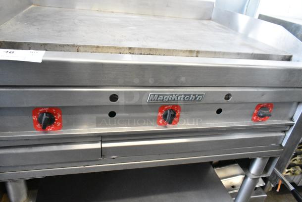 MagiKitch'n Stainless Steel Commercial Natural Gas Powered Flat Top Griddle w/ Thermostatic Controls and Metal Under Shelf. - Image 4 of 5