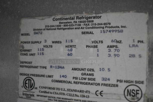 Continental SW72 Stainless Steel Commercial 3 Door Undercounter Cooler on Commercial Casters. 115 Volts, 1 Phase. Tested and Working! - Image 9 of 10