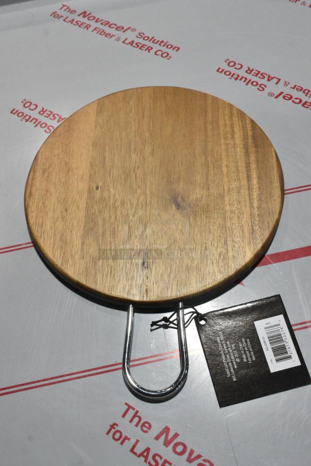 BRAND NEW! Box of 12 TableCraft ACAMR10 10" Round Acacia Display Board with Brushed Nickel Handle - Image 1 of 7