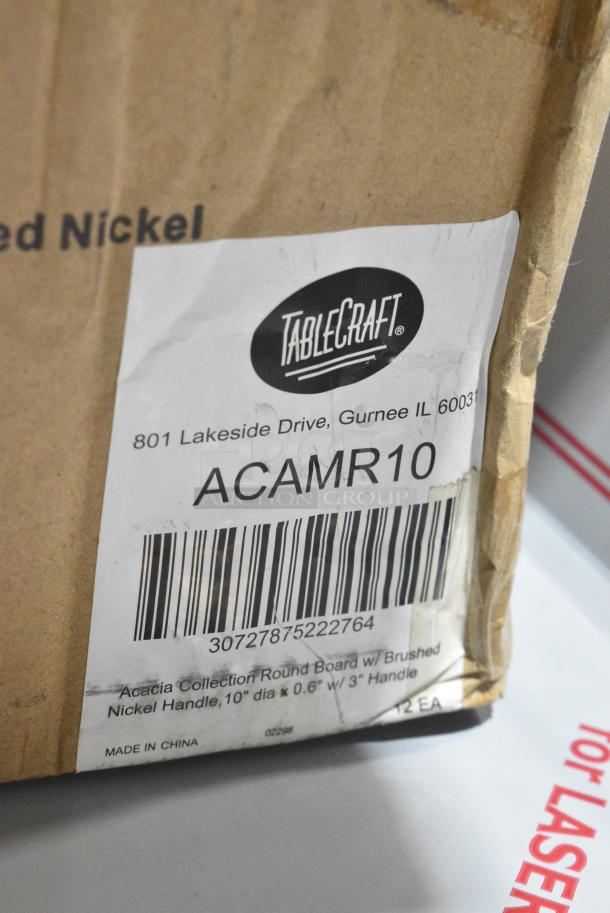 BRAND NEW! Box of 12 TableCraft ACAMR10 10" Round Acacia Display Board with Brushed Nickel Handle - Image 6 of 7