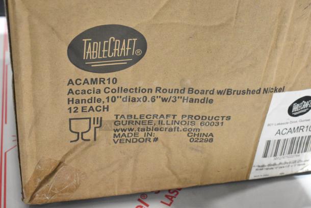 BRAND NEW! Box of 12 TableCraft ACAMR10 10" Round Acacia Display Board with Brushed Nickel Handle - Image 7 of 7