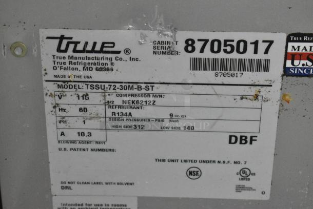 True TSSU-72-30M-B-ST Stainless Steel Commercial Prep Table on Commercial Casters on Commercial Casters. 115 Volts, 1 Phase. Tested and Powers On But Does Not Get Cold - Image 9 of 9