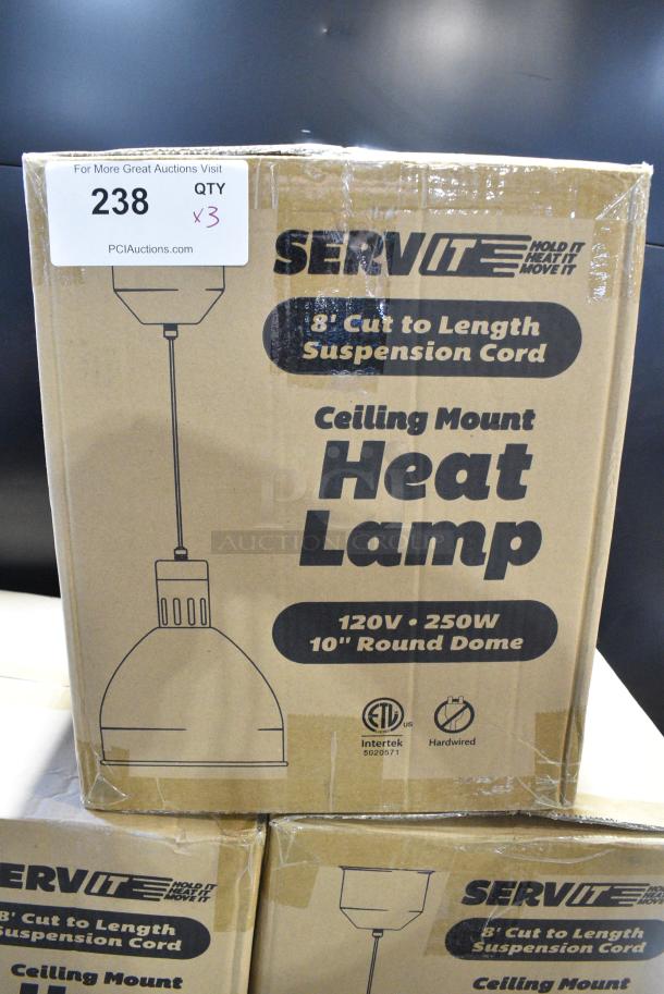 3 BRAND NEW SCRATCH AND DENT! ServIt 423HLS85SS 8' Cut-to-Length Ceiling Mount Heat Lamp with Modern Stainless Steel Round Dome Shade. 3 Times Your Bid! - Image 1 of 4