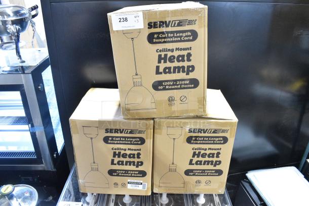 3 BRAND NEW SCRATCH AND DENT! ServIt 423HLS85SS 8' Cut-to-Length Ceiling Mount Heat Lamp with Modern Stainless Steel Round Dome Shade. 3 Times Your Bid! - Image 2 of 4