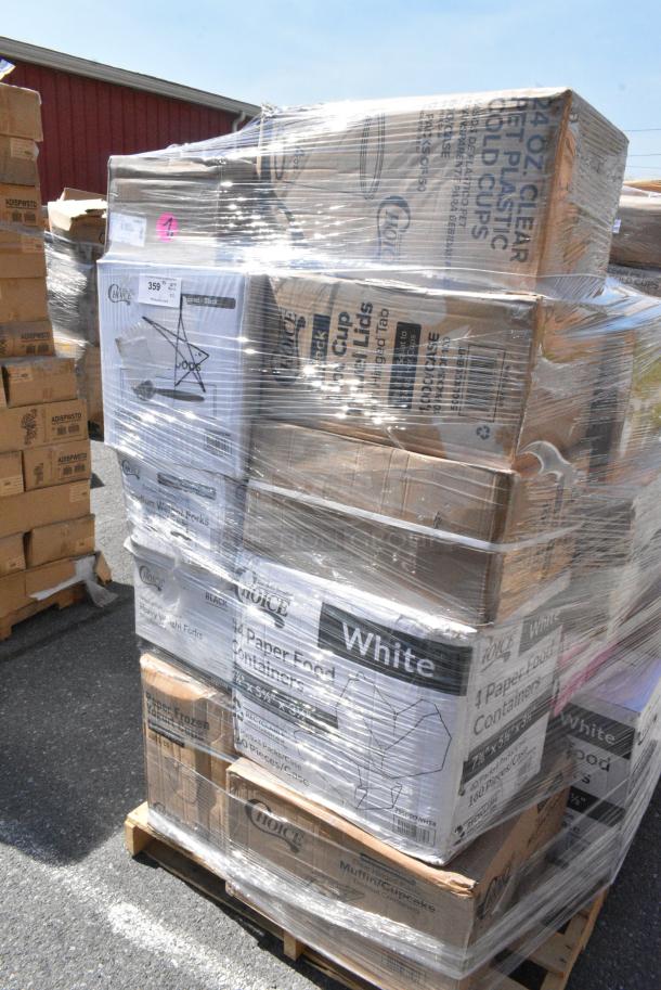 32 BRAND NEW SCRATCH AND DENT! Items Including 130WBKSSPOONH Choice Black Heavy Weight Wrapped Polystyrene Plastic Soup Spoon - 1,000/Case, 130BFORKWP Choice Individually Wrapped Medium Weight Black Polypropylene Plastic Fork - 1,000/Case, 347VNP7WHGD Visions 7 1/2" White Round Plastic Plate with Gold Vintage Rim - 120/Case, 130HPPWRBF Choice Black Heavy Weight Wrapped Polypropylene Plastic Fork - 1,000/Case, 612P527 Choice 7" Clear Round Plastic Dome Lid - 500/Case, 130BFORKWP Choice Individually Wrapped Medium Weight Black Polypropylene Plastic Fork - 1,000/Case, 500L1020BHT Choice Black Hot Paper Cup Travel Lid with Hinged Tab for 10-24 oz. Standard Cups and 8 oz. Squat Cups - 1,000/Case, 500CC24 Choice Clear PET Customizable Plastic Cold Cup - 24 oz. - 600/Case, 795PTOWHT4 Choice White Microwavable Folded Paper #4 Take-Out Container 7 3/4" x 5 1/2" x 3 1/2" - 160/Case. 32 Times Your Bid! - Image 1 of 15
