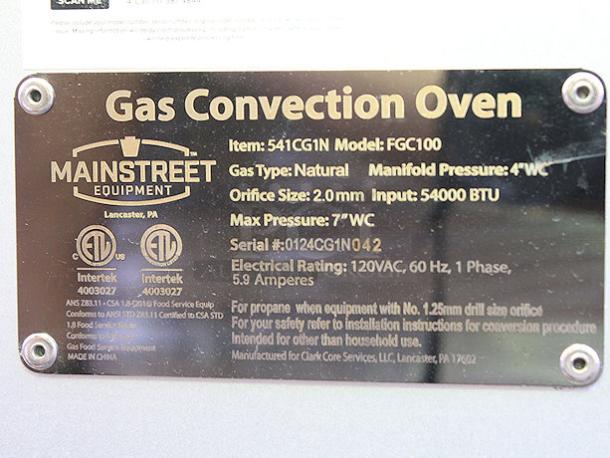 BRAND NEW SCRATCH-N-DENT! MainStreet Equipment CG1-N Single Deck Full Size Natural Gas Convection Oven with Legs - 54,000 BTU	120 Volts	5.9 Amps. Serial No.: 0124CG1N042. - Image 5 of 7