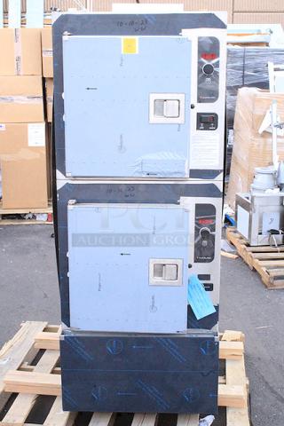 BRAND NEW SCRATCH-N-DENT! Cleveland 24CGA10 SteamCraft Ultra Natural Gas 10 Pan Floor Steamer - 125,000 BTU. 120 Volts	2 Amps	1 Phase	60 Hz. Serial No.: 231023050528. Each Compartment Holds Up To (5) , 12˝ x 20˝ x 2-1⁄2˝  Deep Cafeteria Pans. Includes: Slide Racks and Walter Filtration System. Minor/Superficial scratches and dents. Panels on each need side need to be tightened. Product is designed to be hardwired to power supply. 

Product Overview:
Holds (10) 2 1/2" deep full size food pans
Stainless steel cavity, door, and 6" legs
(2) 60-minute electro-mechanical timers
"Powerpak" gas steam generator; 125,000 BTU
Automatic generator drain keeps drain clean with "water jet" spray