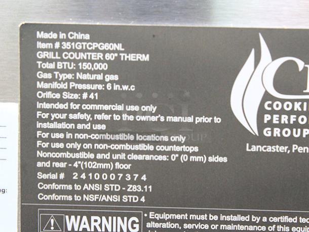 BRAND NEW SCRATCH & DENT! Cooking Performance Group GT-CPG-60-NL 60" Gas Countertop Griddle with Thermostatic Controls - 150,000 BTU. S/N: 2410007374 Legs are bent and unit is dented. - Image 2 of 11