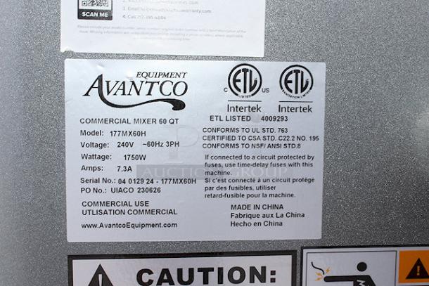 BRAND NEW SCRATCH & DENT Avantco MX60H 60 Qt. Planetary Floor Mixer with Guard & Standard Accessories - 240V, 3 Phase, 2 1/2 hp. S/N: 04012924-177MX60H. - Image 3 of 12
