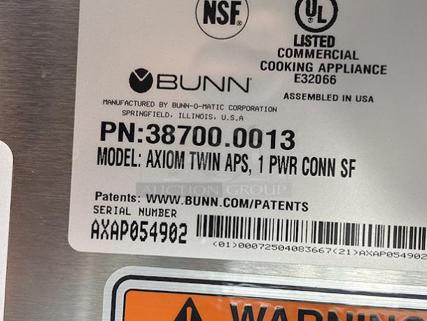 BRAND NEW SCRATCH & DENT! Bunn 38700.0013 Axiom APS Twin Airpot Coffee Brewer - S/N: AXAP052077. Top of unit is dented, missing power cord.  120/240 Volts	26 Amps	1 Phase	60 Hz	52.3 lb. SERIAL NUMBER
AXAP054902 - Image 2 of 5