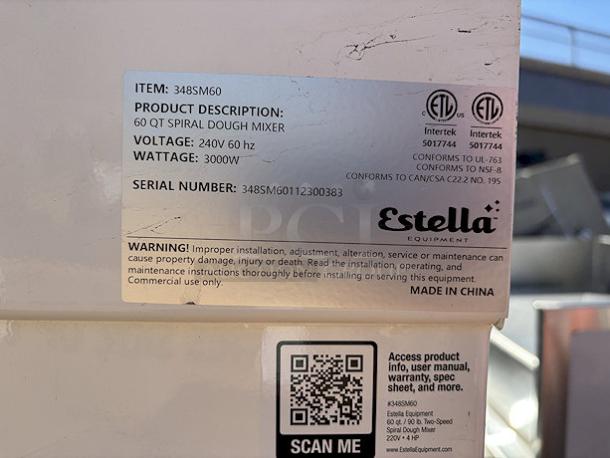 BRAND NEW SCRATCH-N-DENT!	Estella SM60 60 Qt. / 88 lb. Two-Speed Spiral Dough Mixer - 220V, 4 HP	13.6 Amps	1 Phase	60 Hz. SERIAL NUMBER: 348SM60112300383 - Image 7 of 7