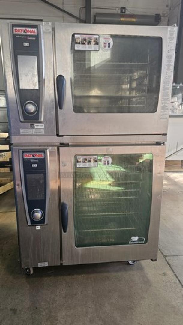 Rational Double Stack Combi Master Steamer Oven. On Casters. Very Good Condition.

(Top) SCCWE62G Natural Gas Combi Convection Steam Oven. 1 PH, 208 V, 60 Hz, 15 A.
(Bottom) SCCWE102 Self Cooking Center Electric Combi Oven. 480V, 3 PH, 37kW, 60 Hz. - Image 1 of 7