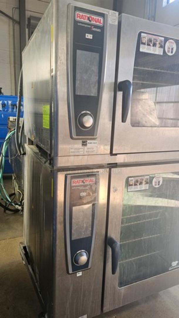 Rational Double Stack Combi Master Steamer Oven. On Casters. Very Good Condition.

(Top) SCCWE62G Natural Gas Combi Convection Steam Oven. 1 PH, 208 V, 60 Hz, 15 A.
(Bottom) SCCWE102 Self Cooking Center Electric Combi Oven. 480V, 3 PH, 37kW, 60 Hz. - Image 2 of 7
