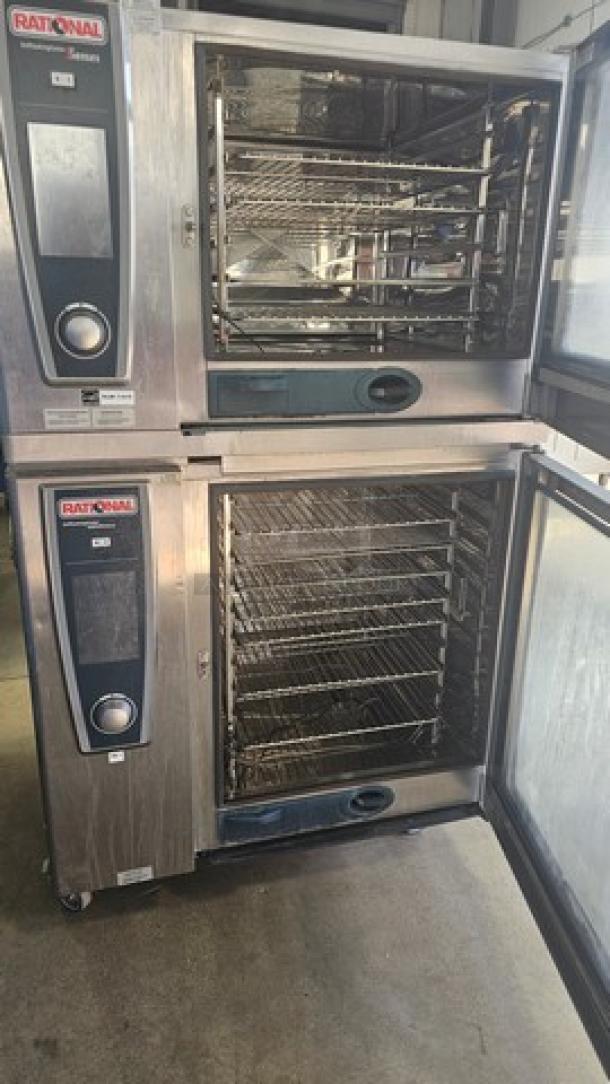 Rational Double Stack Combi Master Steamer Oven. On Casters. Very Good Condition.

(Top) SCCWE62G Natural Gas Combi Convection Steam Oven. 1 PH, 208 V, 60 Hz, 15 A.
(Bottom) SCCWE102 Self Cooking Center Electric Combi Oven. 480V, 3 PH, 37kW, 60 Hz. - Image 3 of 7