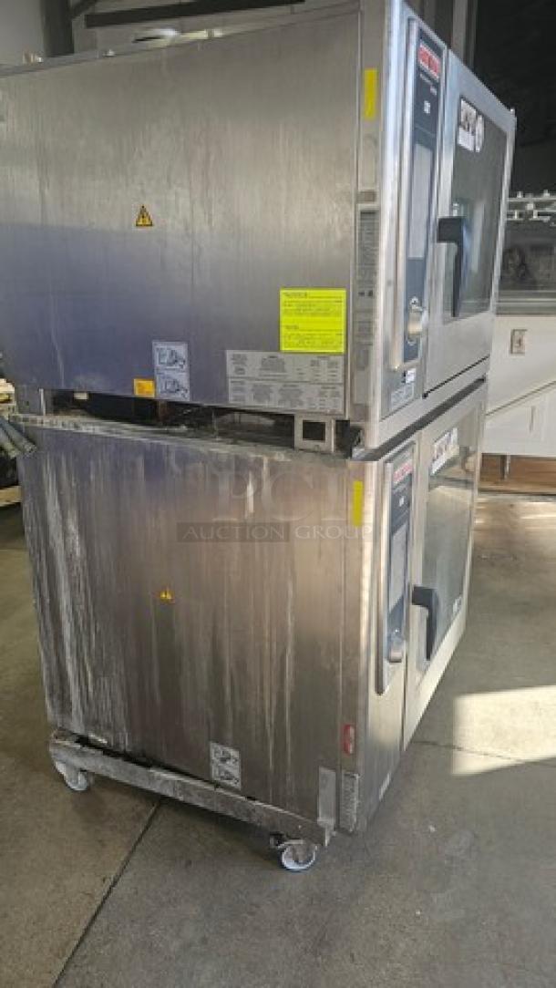 Rational Double Stack Combi Master Steamer Oven. On Casters. Very Good Condition.

(Top) SCCWE62G Natural Gas Combi Convection Steam Oven. 1 PH, 208 V, 60 Hz, 15 A.
(Bottom) SCCWE102 Self Cooking Center Electric Combi Oven. 480V, 3 PH, 37kW, 60 Hz. - Image 5 of 7