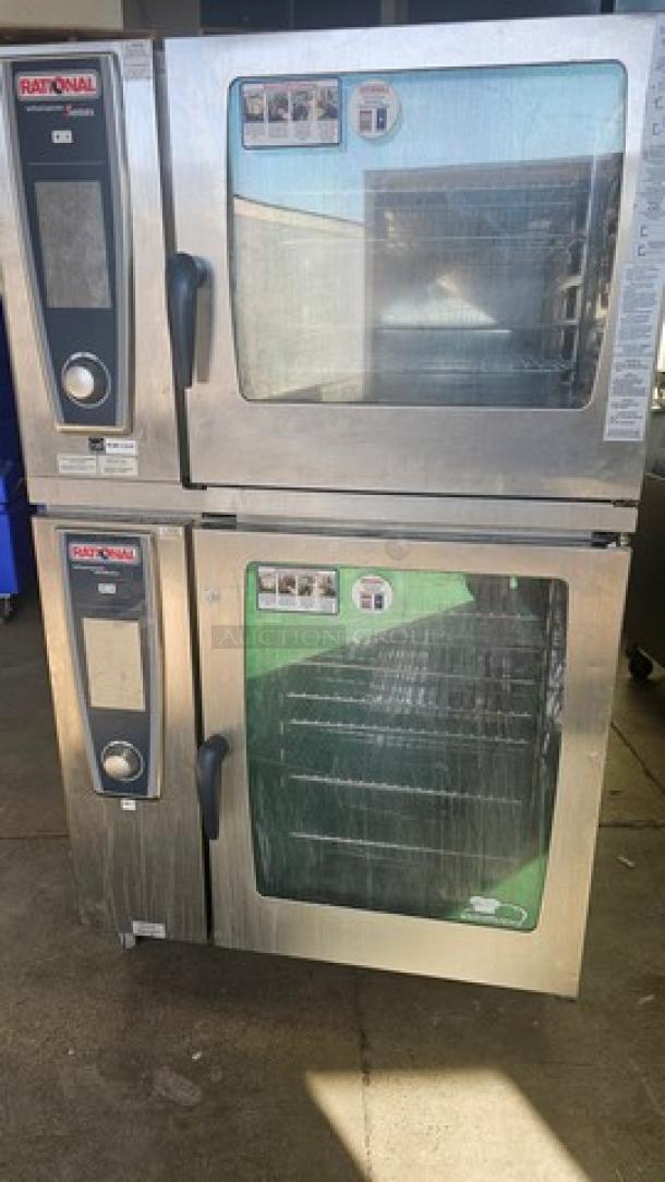 Rational Double Stack Combi Master Steamer Oven. On Casters. Very Good Condition.

(Top) SCCWE62G Natural Gas Combi Convection Steam Oven. 1 PH, 208 V, 60 Hz, 15 A.
(Bottom) SCCWE102 Self Cooking Center Electric Combi Oven. 480V, 3 PH, 37kW, 60 Hz. - Image 7 of 7