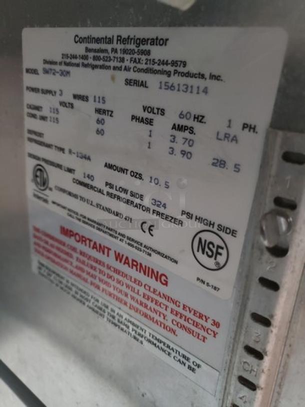 Continental Refrigerator SW72-30M 72" 3 Door Mighty Top Refrigerated Sandwich Prep Table. Very Nice Condition. 115 V, 60 Hz, 1 PH. - Image 9 of 9