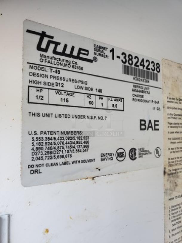 True T-49 54" Solid Reach-In Two-Door Commercial Refrigerator. 1/2 HP, 115 V, 60 Hz, 1 PH. - Image 4 of 9