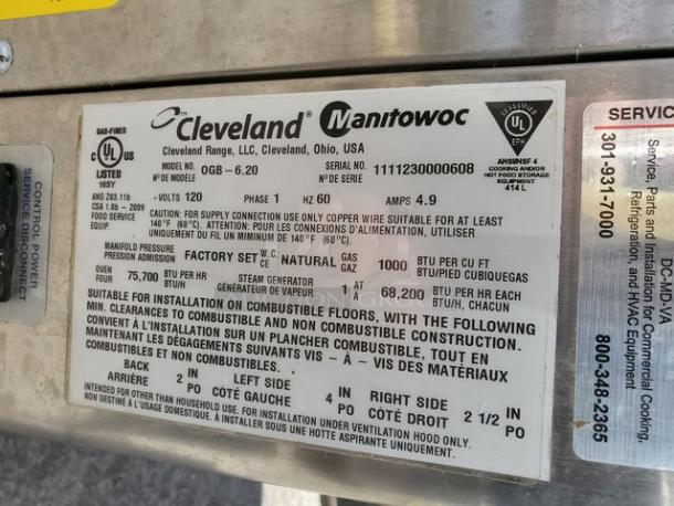 Cleveland OGB-6.20 Converotherm Combination Oven Steamer. 120 V, 1 PH, 60 Hz, 4.9 A. - Image 11 of 11