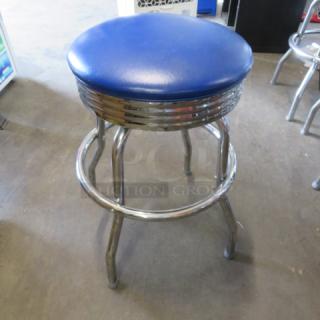 IMMACULATE Chrome 1 Ring Stool With Blue Cushioned Swivel Seat. 2XBID