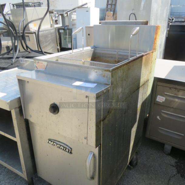 One 75lb  Imperial Natural Gas Deep Fryer On Casters And Basket. WORKING WHEN REMOVED. 19.5X35X45. $9438.00 - Image 2 of 3