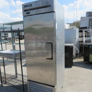 One WORKING True 1 Door Freezer With 3 Racks On Casters. Model# T-23F-HC. 115 Volt. 27X29.5X83.5
