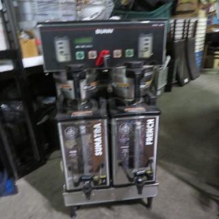 One Bunn Dual Coffee Brewer With 2 Filter Baskets, And 2 SH 1.5 Gallon Servers.  12X/240 Volt. 1 Phase. Model# DUAL SH. 18X20X36. $2651.00.