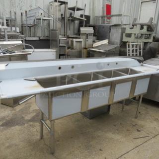 One NEW Advance Tabco Stainless Steel 4 Compartment Sink With 2 NEW Faucets, New Hose Spray, R/L Drain Boards. Faucet Assembly Required. Still In Plastic. #FC-4-1818-18RL.  108X23.5X42.5. Sink 18X18X14. $4246.99