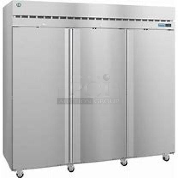 One BRAND NEW Hoshizaki 3 Door Stainless Steel Refrigerator With 9 Wire Racks, On Casters. Model# R3A-FS. 115 Volt. STILL CRATED. Some Assembly Required. 82.5X33.5X80. $9852.00 - Image 1 of 3