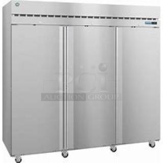 One BRAND NEW Hoshizaki 3 Door Stainless Steel Refrigerator With 9 Wire Racks, On Casters. Model# R3A-FS. 115 Volt. STILL CRATED. Some Assembly Required. 82.5X33.5X80. $9852.00