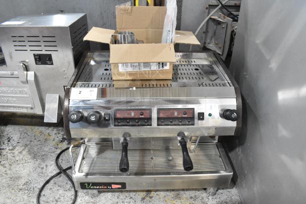 BRAND NEW SCRATCH AND DENT! Cecilware Venezia ESP2 Stainless Steel Commercial Countertop 2 Group Espresso Machine w/ 2 Portafilters and 2 Steam Wands. 220-240 Volts, 1 Phase. - Image 1 of 11